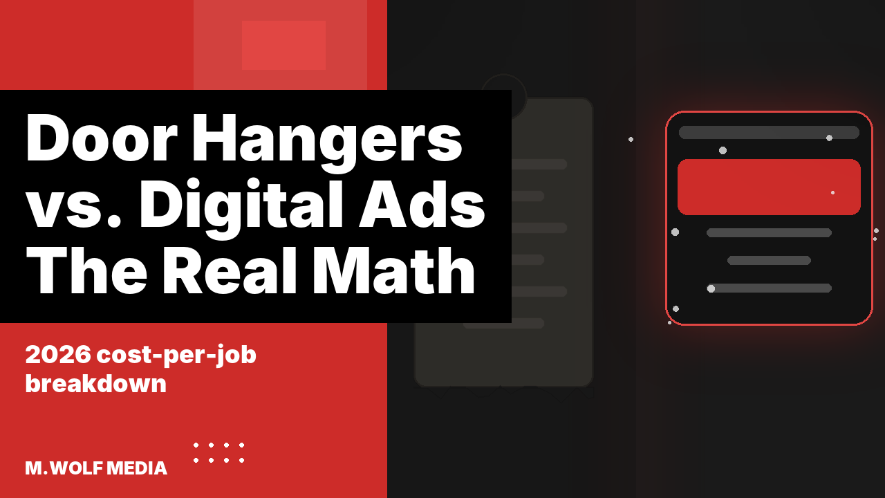 Door hangers vs digital ads - a split graphic showing a faded paper door hanger on one side and a glowing digital ad notification card on the other