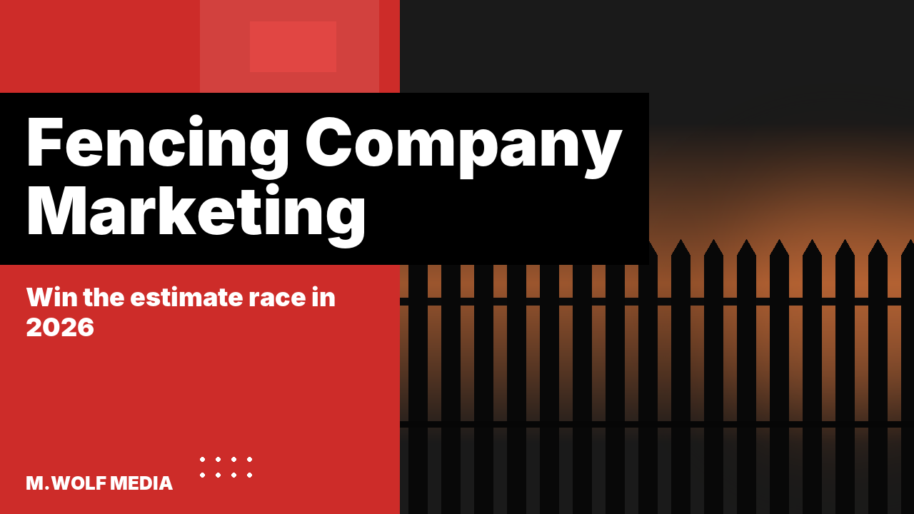 Fencing company marketing - a dark wrought-iron picket fence silhouette against a warm sunset glow