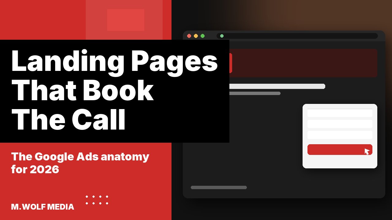 Landing pages for Google Ads contractors - a browser window mockup showing a landing page hero, headline and lead form anatomy