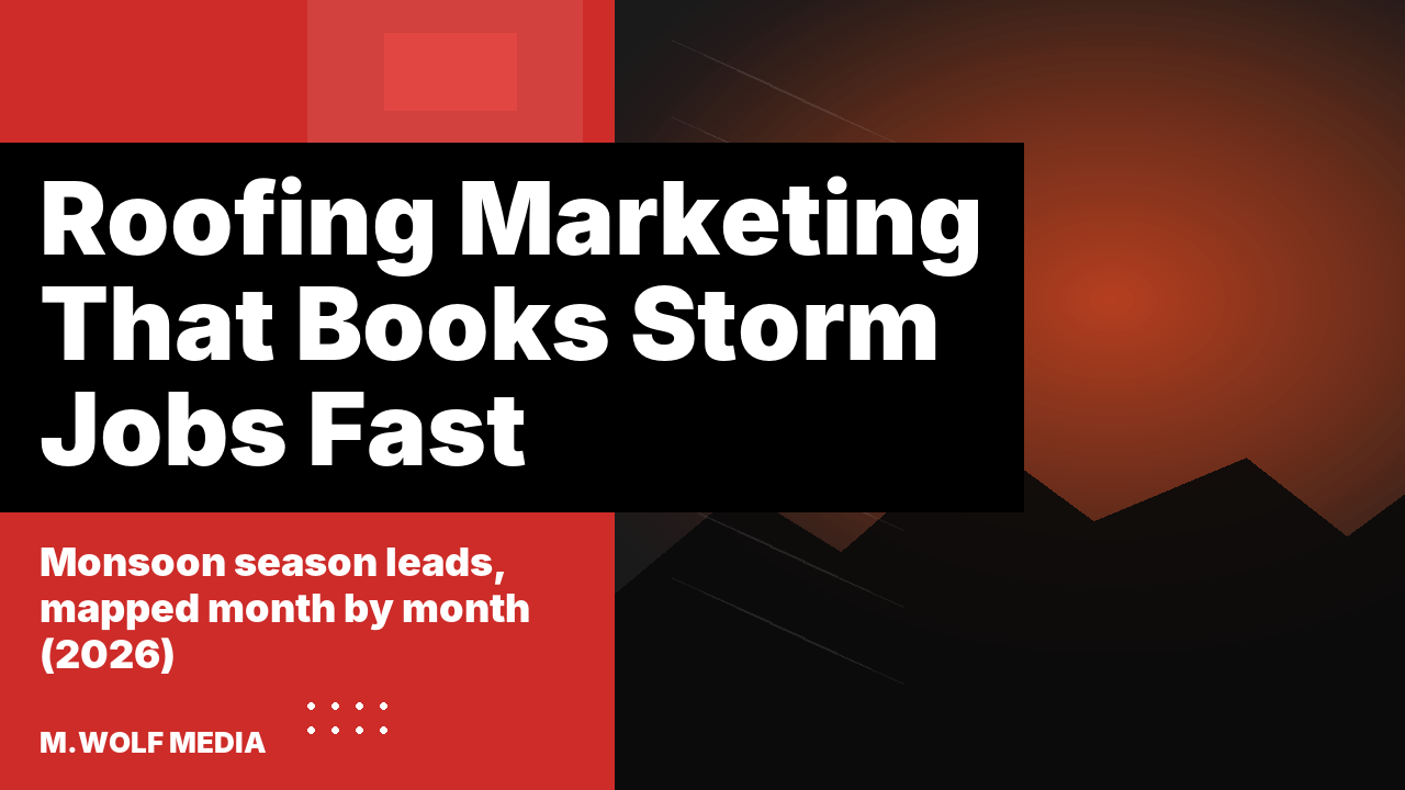 Roofing company marketing Arizona - a split panel graphic reading roofing marketing that books storm jobs fast